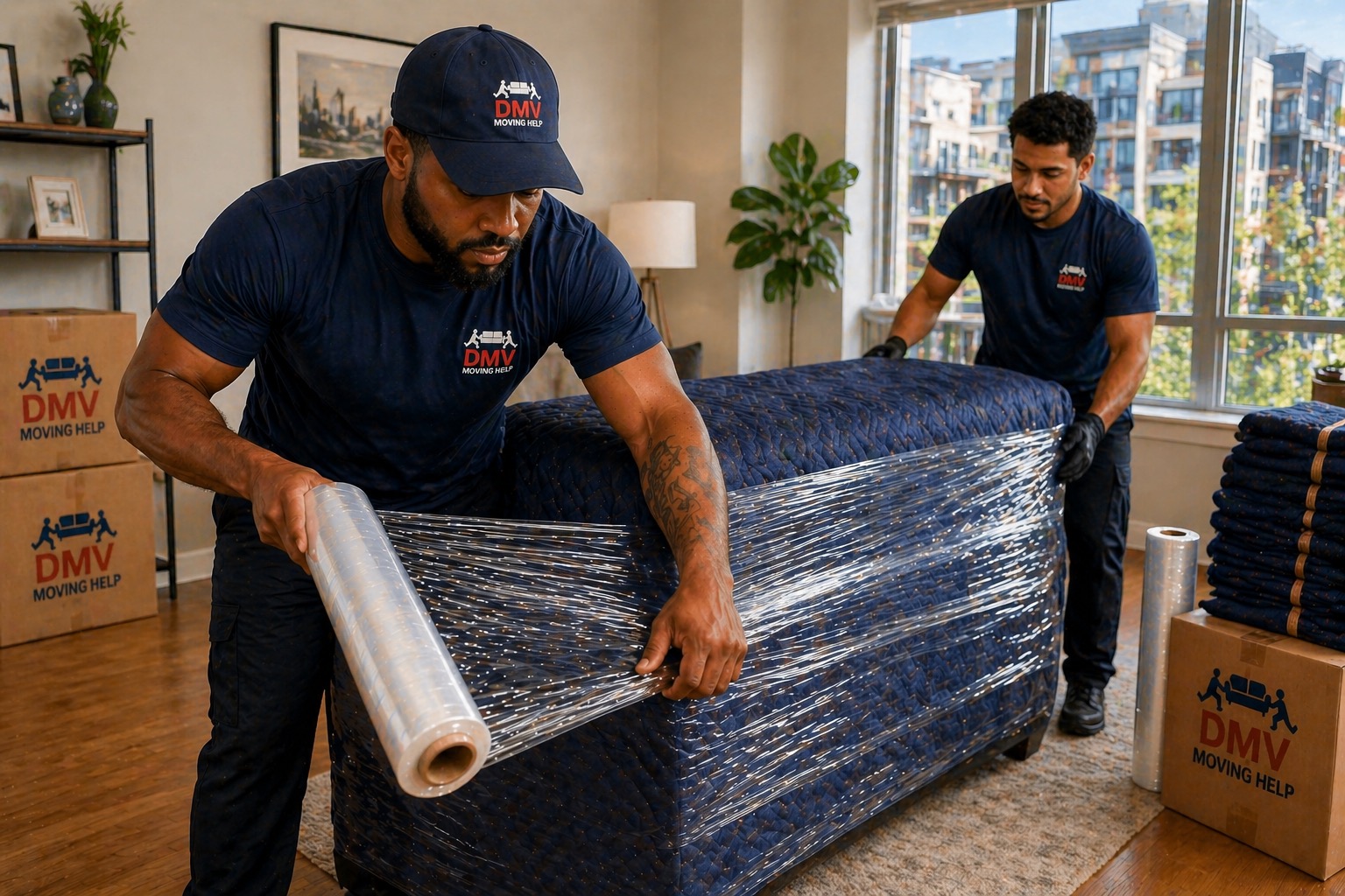 DMV Moving Help crew protecting furniture with blanket & shrink wrap in Arlington VA