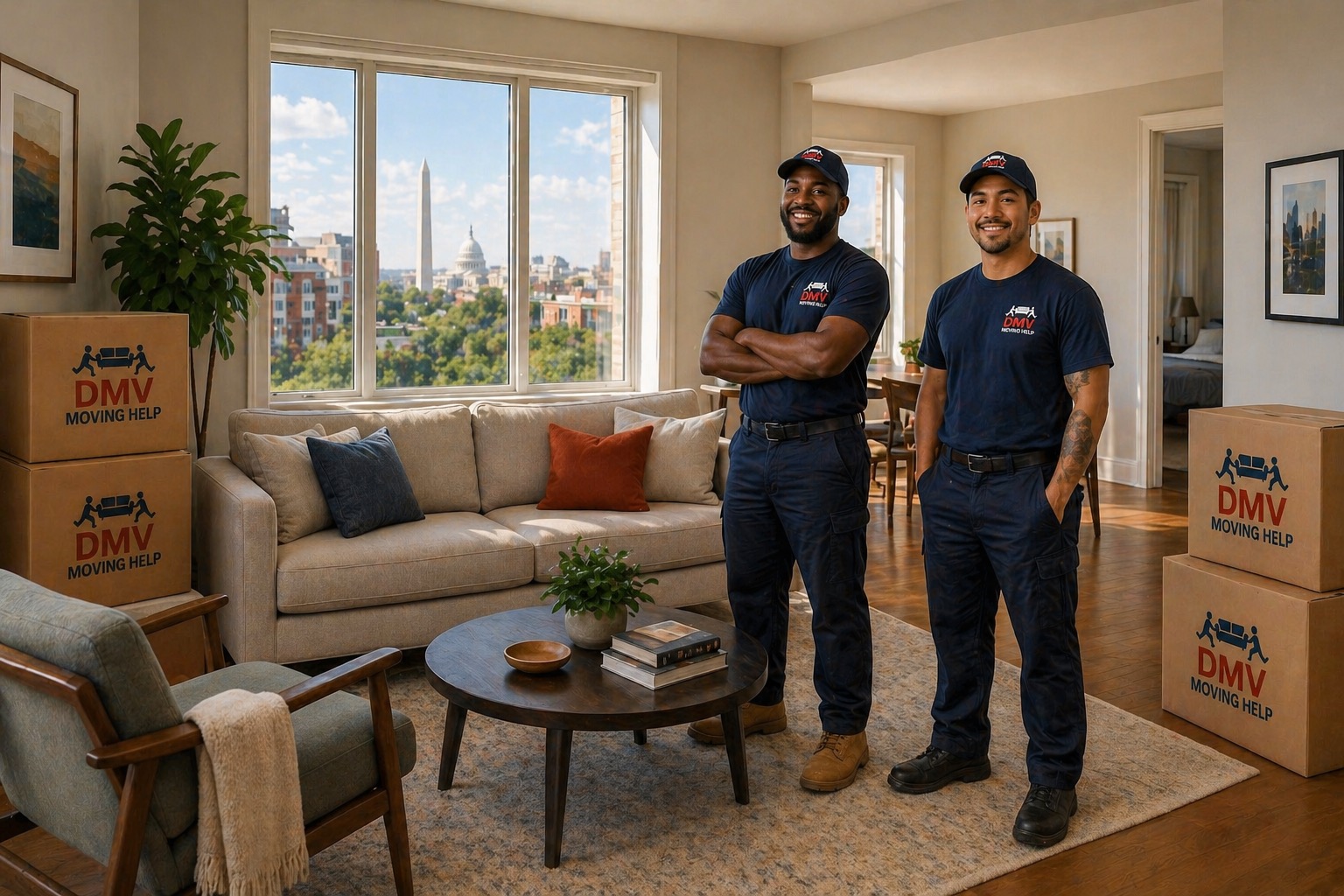 DMV Moving Help movers completing move with furniture set up inside apartment in Arlington VA