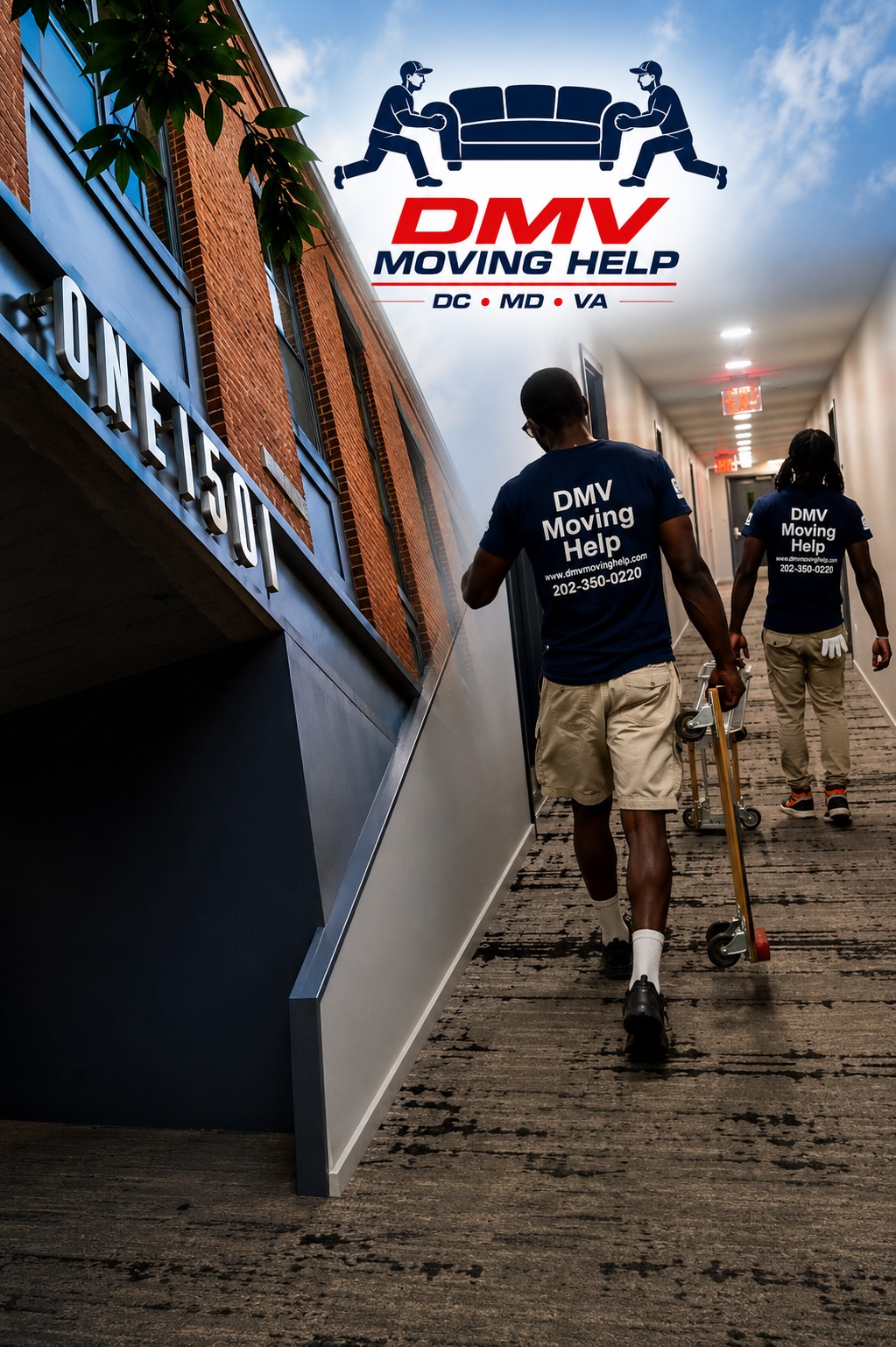 DMV Moving Help crew walking through an apartment building with moving equipment